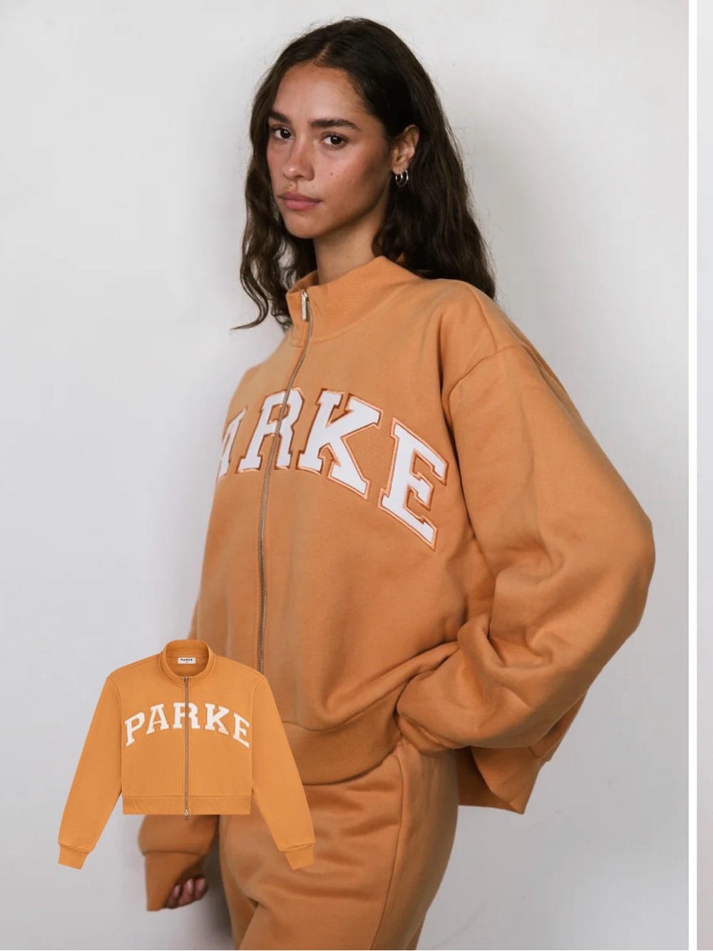Parker Cropped Zip-Up Varsity Jacket in Caramel